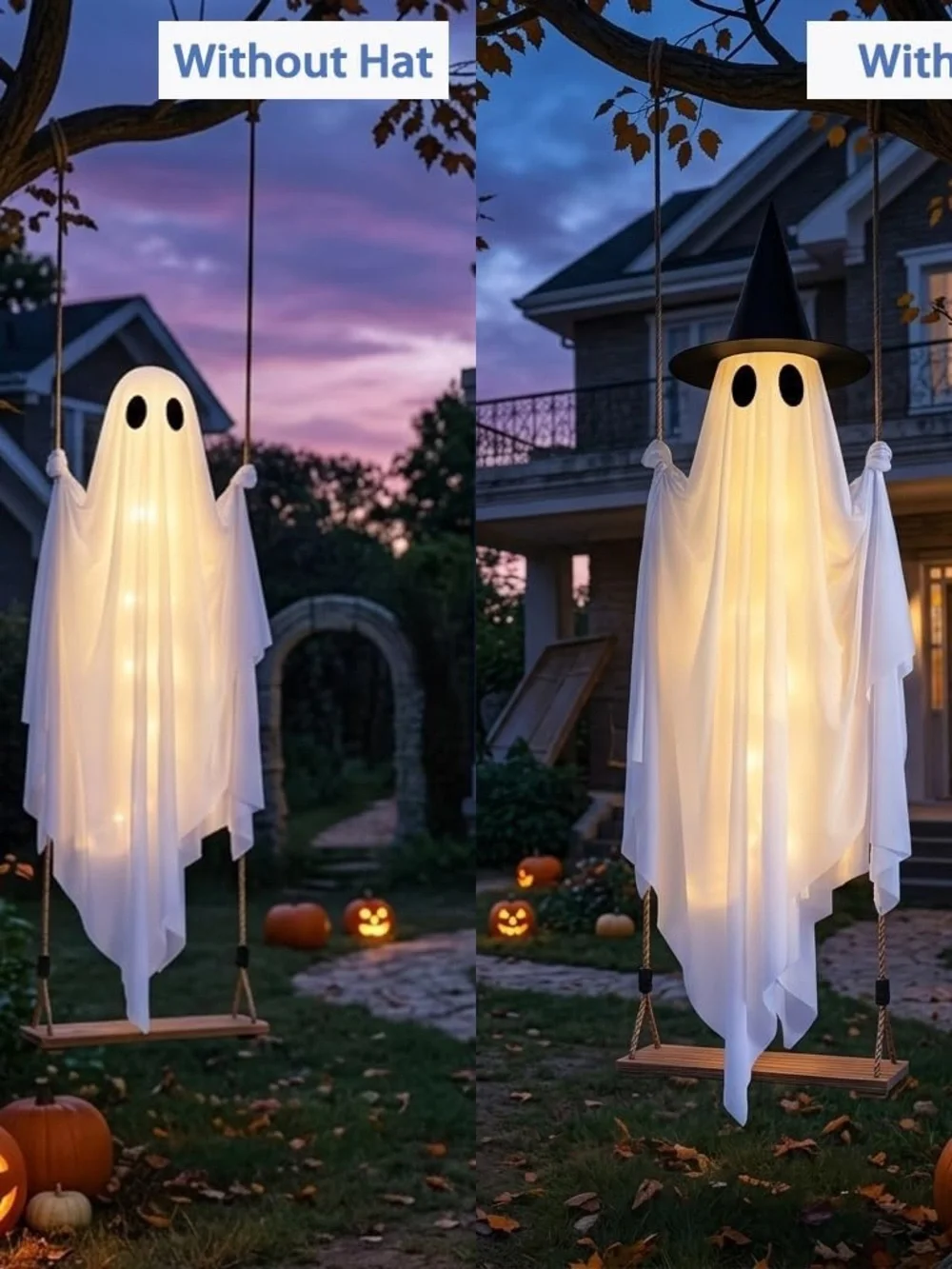5 ft Tall LED White Ghost Outdoor Decor with Witch Hat - Illuminated Halloween